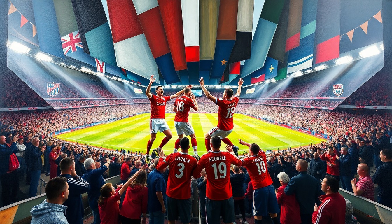 A fractured, multi-perspective painting in the style of Pablo Picasso, breaking the celebration of Lincoln City's players and the stadium crowd into sharp, overlapping geometric planes of vibrant red, white, and green. The composition captures the raw energy and emotion of the team's historic promotion.