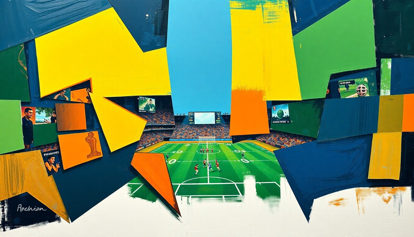 A cubist, geometric painting depicting a fragmented football game, with sharp, overlapping shapes and planes in vibrant colors representing the strategic complexity and raw energy of the playoff action.