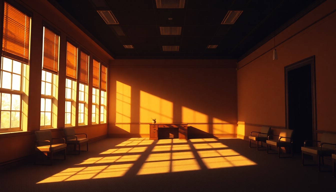 A dimly lit, cinematic painting of an empty government office space, with warm sunlight streaming in through the windows and deep shadows casting a melancholic mood, conceptually representing the erosion of political cooperation and bipartisanship.