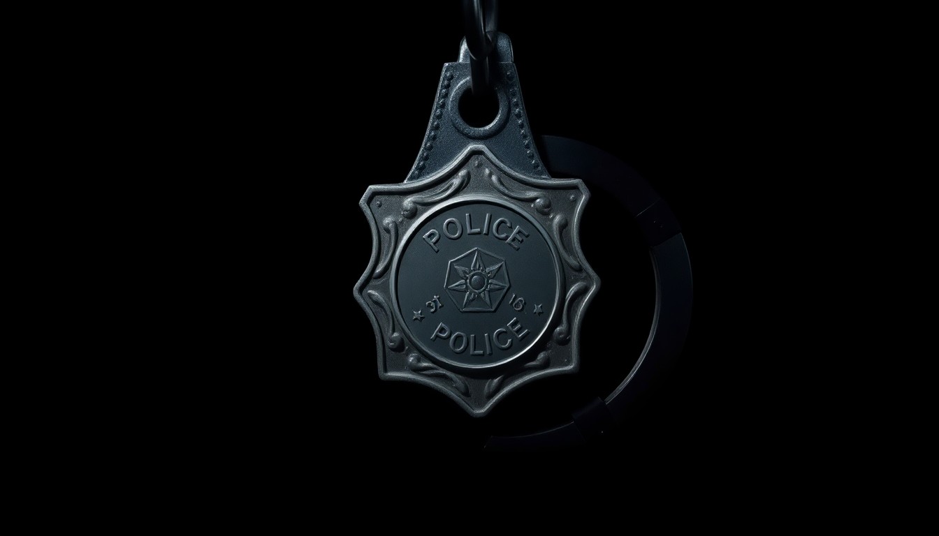 An extreme close-up photograph of a police badge or handcuffs against a pitch-black background, lit by a harsh, direct camera flash to create a stark, gritty, investigative aesthetic.