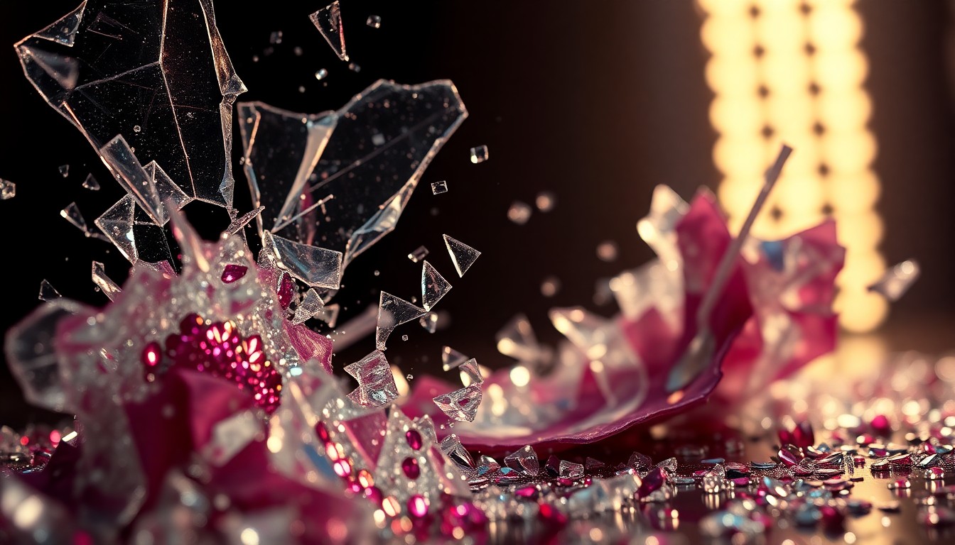 An abstract close-up image of shattered glass and glittering sequins, captured in dramatic, high-contrast studio lighting to evoke the volatile emotional landscape of the film.
