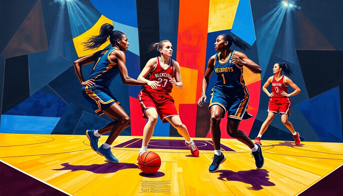 A cubist, geometric painting depicting the abstracted forms of WNBA players in motion, with the court and ball represented through bold, angular shapes in a vibrant color palette, conceptually illustrating the strategic and cultural challenges facing the new expansion teams.