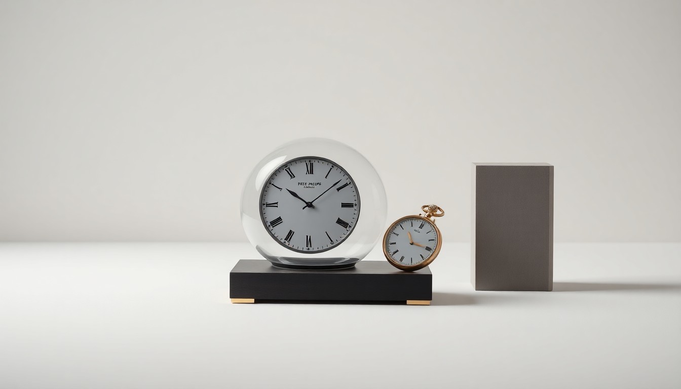 A photorealistic studio still-life featuring a Patek Philippe 'Macaws' dome table clock and a 'Flamenco' pocket watch, showcasing the exceptional craftsmanship and artistry behind these exquisite timepieces.