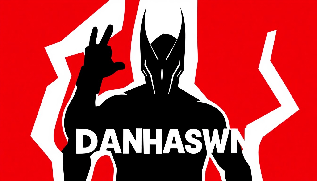A striking abstract illustration featuring bold, jagged shapes in red and black, conceptually representing the mysterious WWE wrestler Danhausen and the supernatural intrigue surrounding his character.