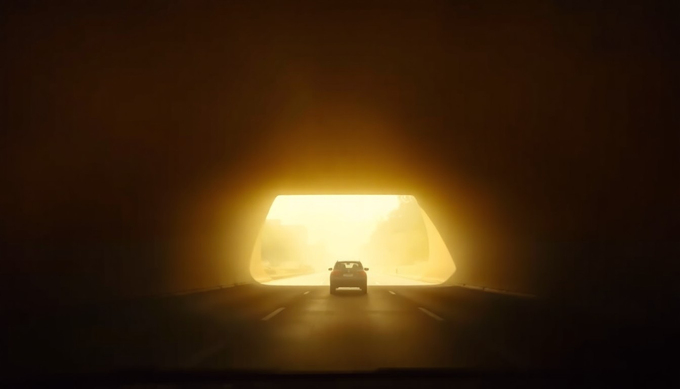 A blurred, impressionistic photograph of a car driving through a shadowy underpass, with only the faint outlines of the road and surrounding structures visible, bathed in a warm, golden glow, creating a dreamlike, nostalgic atmosphere.