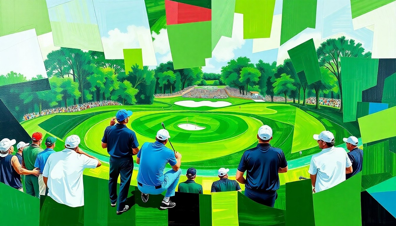 A fractured, multi-perspective painting in vibrant colors of green, white, and blue, representing the Masters Tournament golf competition at Augusta National in a cubist-inspired style.