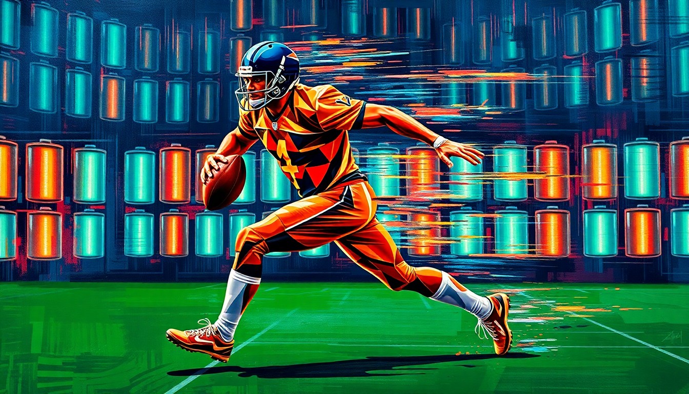 A cubist-style painting depicting a football player in mid-motion, their body broken down into sharp, overlapping geometric shapes, set against a background of glowing, neon-colored lithium-ion battery cells, conceptually representing the transition from sports to technology entrepreneurship.