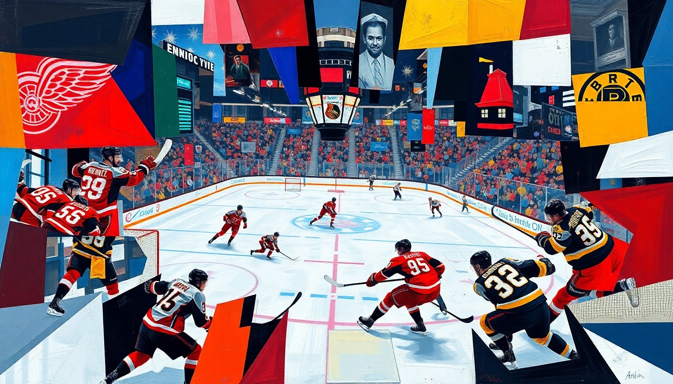 A cubist, geometric painting depicting an NHL hockey game in progress, with sharp, overlapping planes of vibrant team colors representing the competitive intensity of the playoff race.