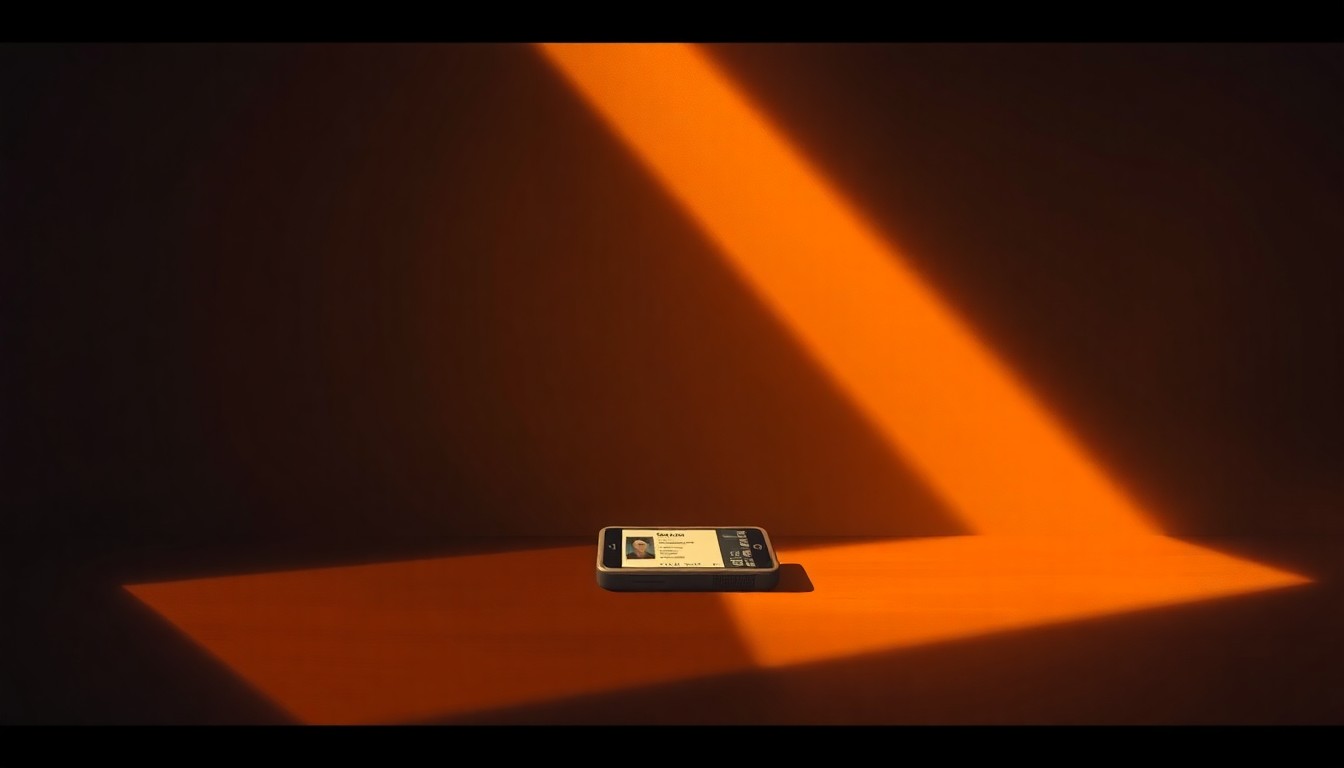 A photorealistic painting of a government ID card or digital device in muted tones, with soft lighting and deep shadows, conveying a sense of contemplation and the complex balance between technological progress and individual rights.