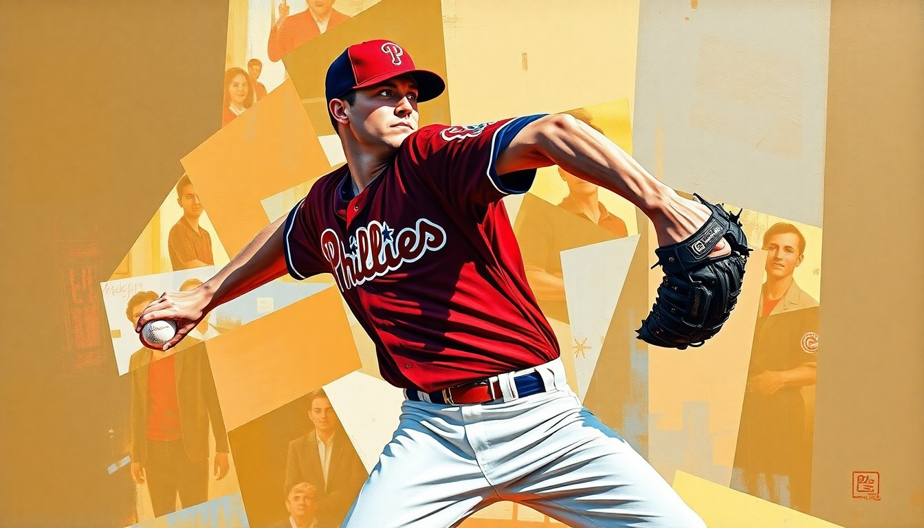 A cubist, geometric painting depicting a baseball pitcher's throwing motion, with sharp, overlapping planes in the Phillies' team colors of red, blue, and white.