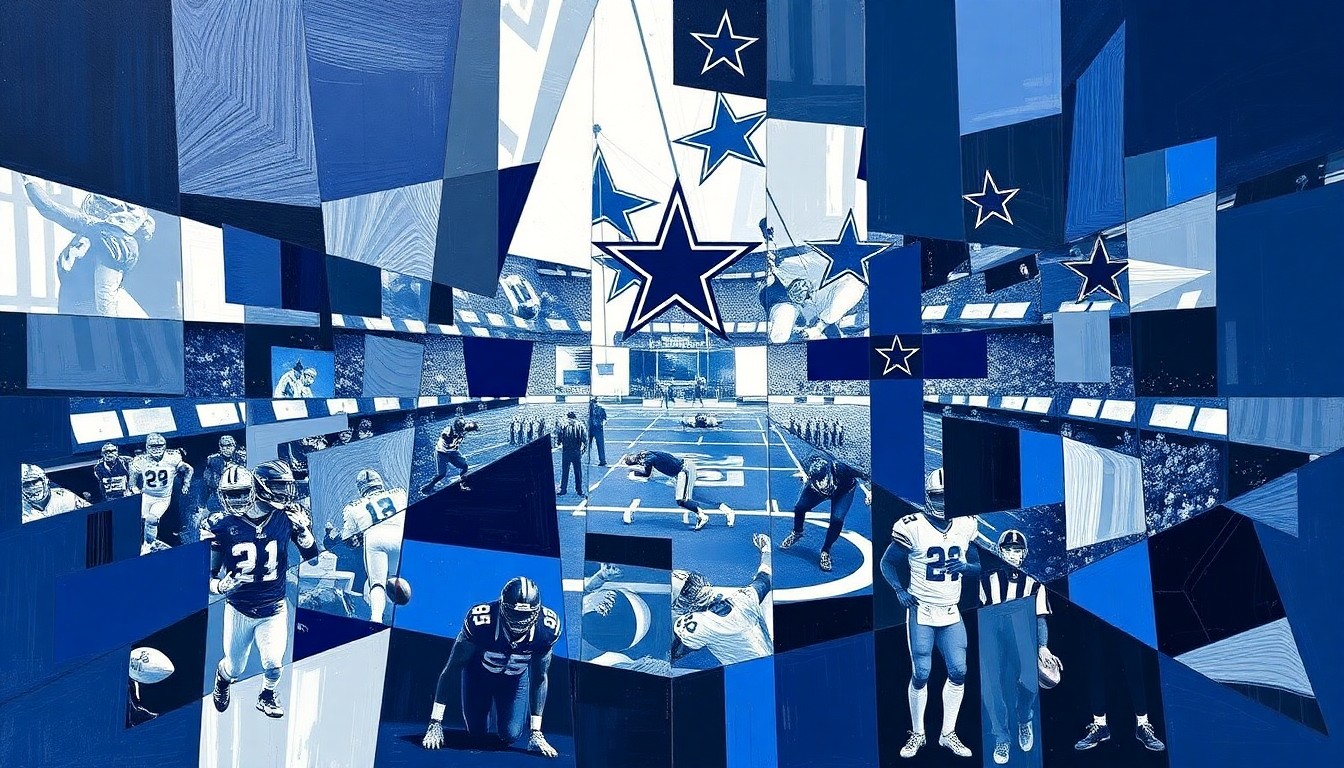 A cubist, geometric painting depicting a fragmented football field or draft stage, with sharp, overlapping planes in the official colors of the Dallas Cowboys.