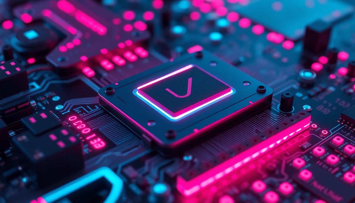 A highly detailed, glowing 3D illustration of a quantum computing processor or circuit board, with neon cyan and magenta lights illuminating the intricate hardware components, conveying a sense of advanced, cutting-edge technology powering the future of computing.