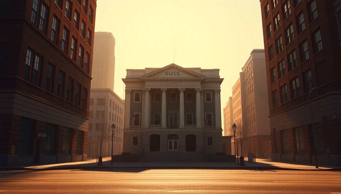 A photorealistic painting of an empty government building on a city street, with warm sunlight casting deep shadows across the facade, conveying a sense of melancholy and isolation.