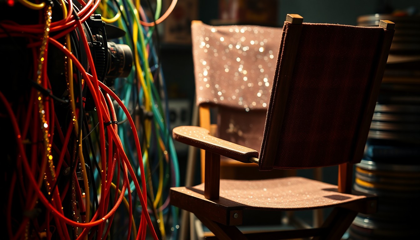 An extreme close-up photograph of a tangled mass of colorful camera cables and film equipment, capturing the gritty, behind-the-scenes glamour of the filmmaking process through dramatic lighting and abstract textures.