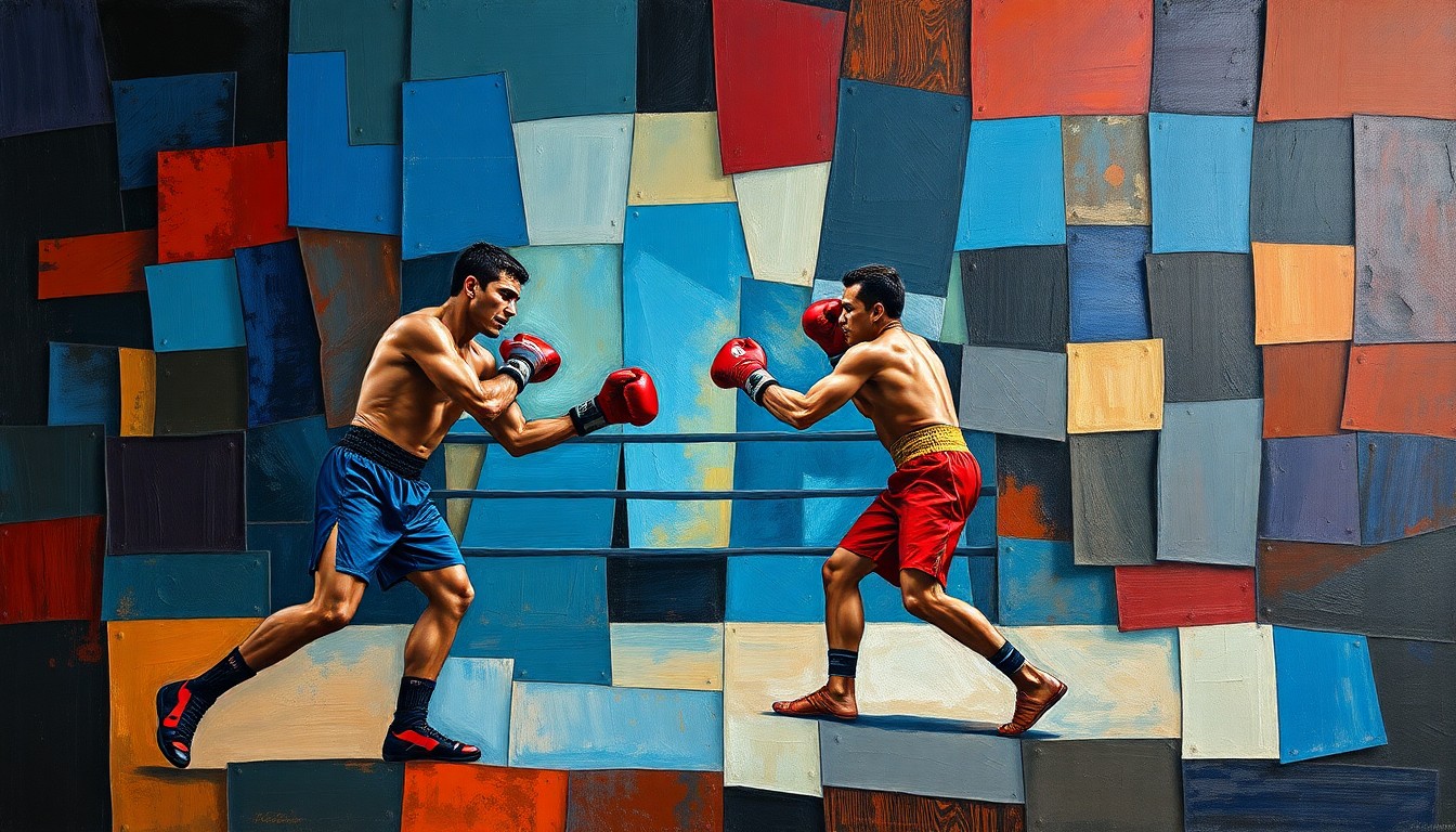 A cubist-style painting featuring overlapping geometric shapes and planes in shades of blue, red, and brown, conceptually representing the dynamic movements and emotional intensity of a boxer's training and competition.