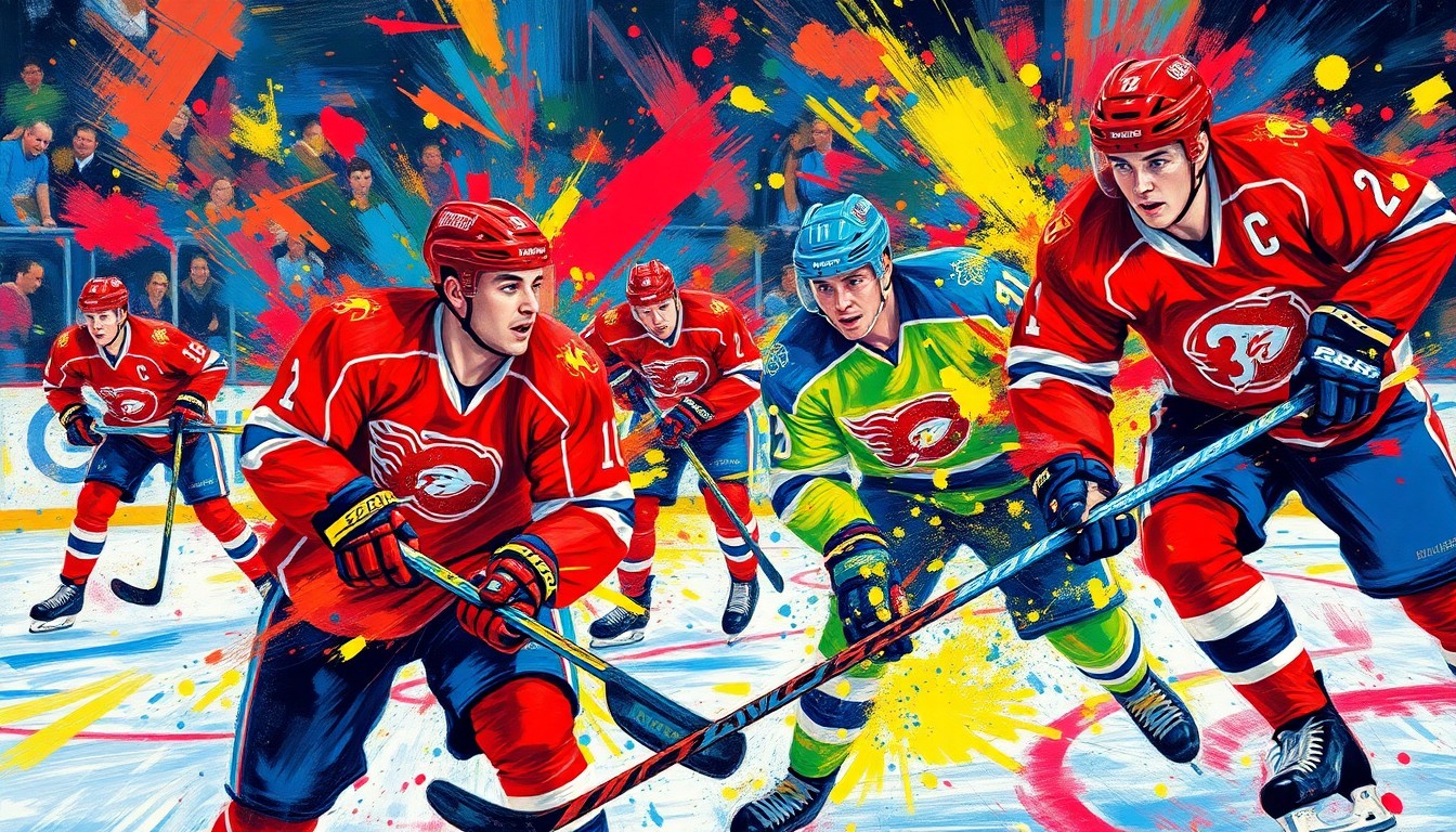 An abstract, expressionist painting featuring vibrant neon colors and rapid brushstrokes that capture the dynamic energy and movement of a hockey game, with the players' faces and jerseys blending into unrecognizable splatters of paint.