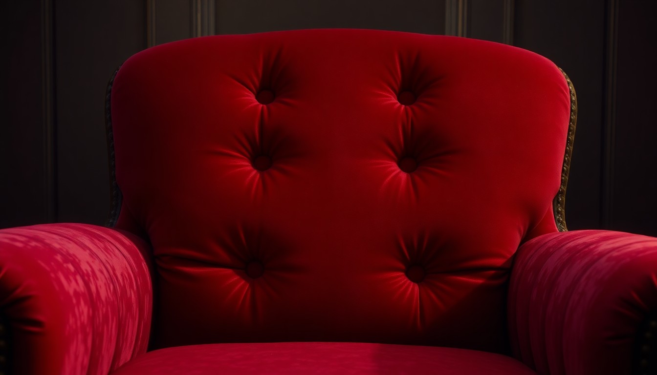 An extreme close-up of a luxurious, velvety chair cushion in rich burgundy and gold tones, conceptually representing the defiant yet alluring energy of the new 'Starfleet Academy' series.