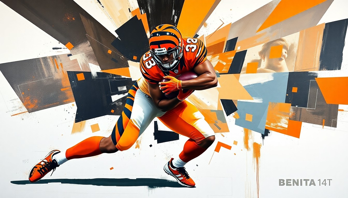 A fragmented, geometric painting depicting a Bengals defensive player making a tackle, with sharp planes of orange, black, and white representing the team's colors and the chaotic nature of their defensive struggles.