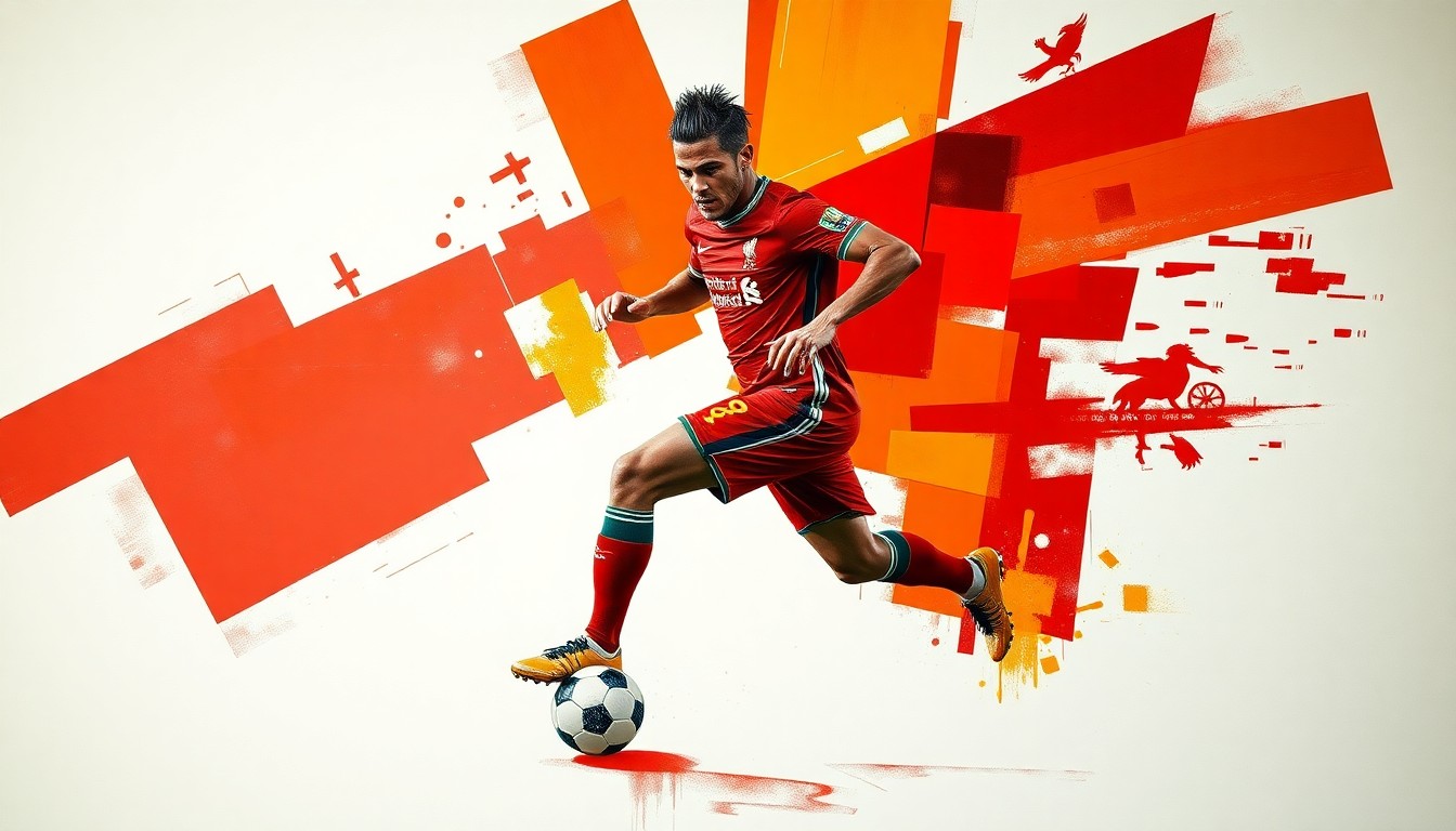A cubist-style painting depicting a soccer player in the midst of a dribbling run, with sharp, overlapping geometric planes in a color palette of Liverpool red, Ivorian orange, and RB Leipzig white, capturing the dynamic energy and multi-faceted nature of the transfer negotiations.