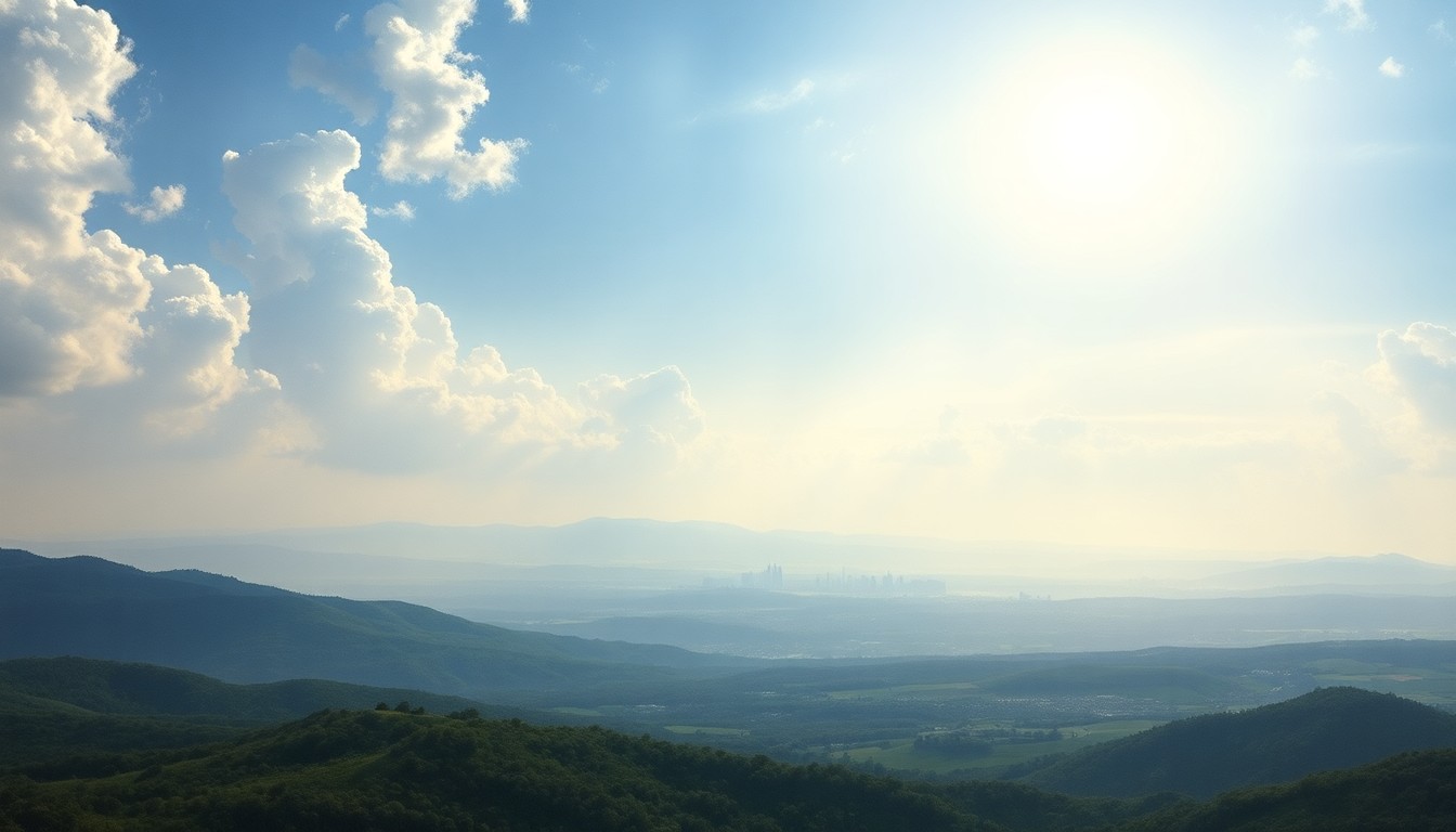 A sweeping, atmospheric landscape painting in muted tones of gold, blue, and green, with the distant Baltimore skyline barely visible on the horizon, dwarfed by the expansive natural scenery.
