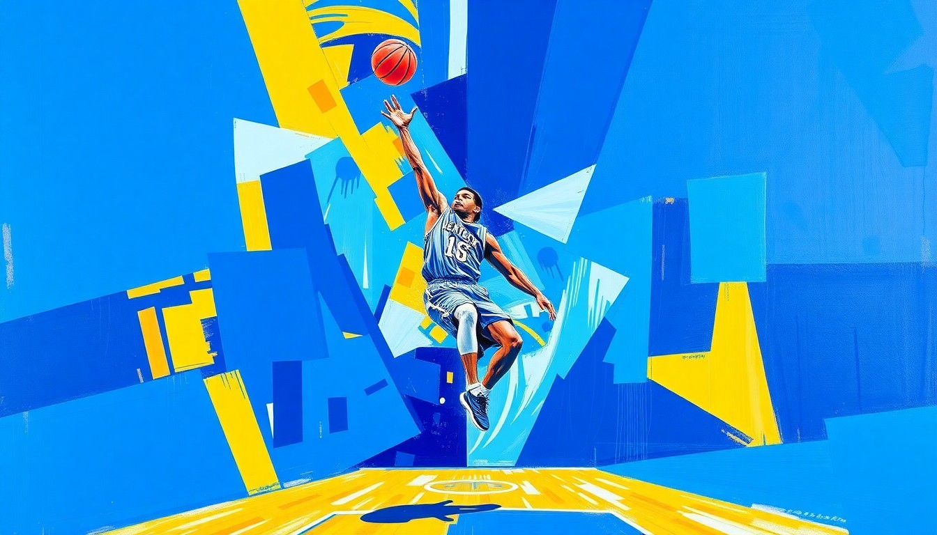 A cubist, geometric painting depicting a basketball player's jump shot broken down into overlapping planes of blue and gold, representing the transition of Collin Chandler from Kentucky to BYU.