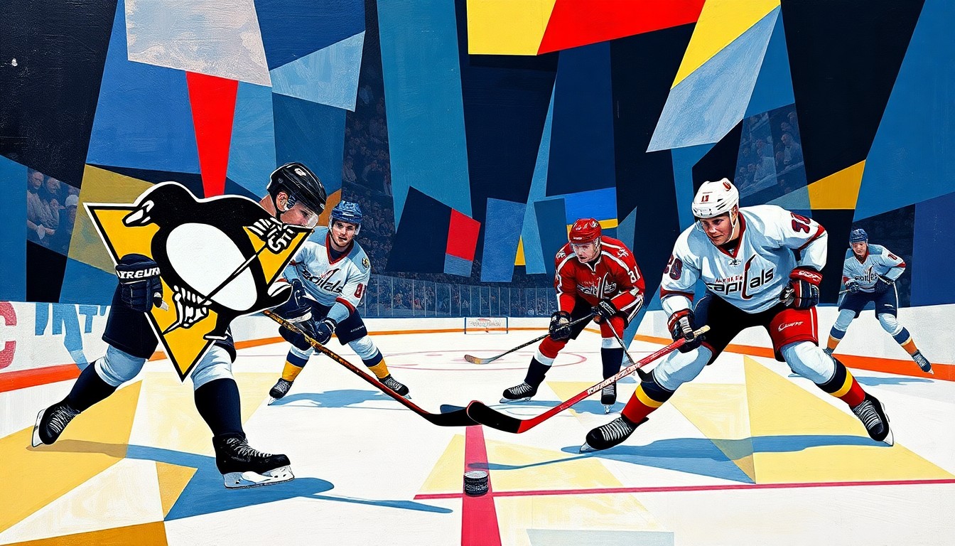 A fractured, geometric painting depicting the dynamic motion and energy of a hockey game, with the players' forms abstracted into angular, colorful shapes.