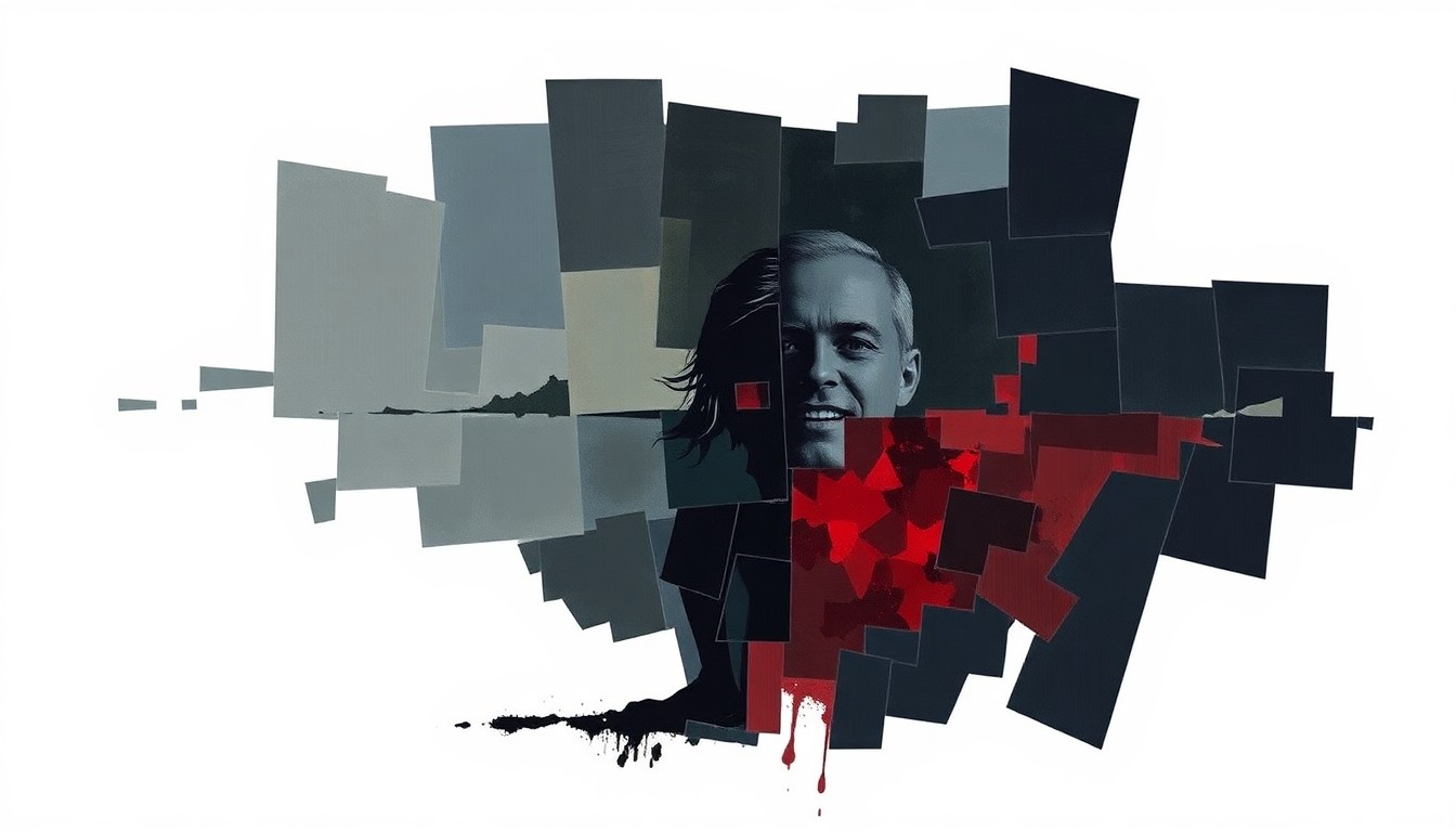 A fractured, abstract painting in shades of blue, grey, and red, representing the turbulent history of U.S.-Iran relations and the deportation of individuals connected to the Iran Hostage Crisis.