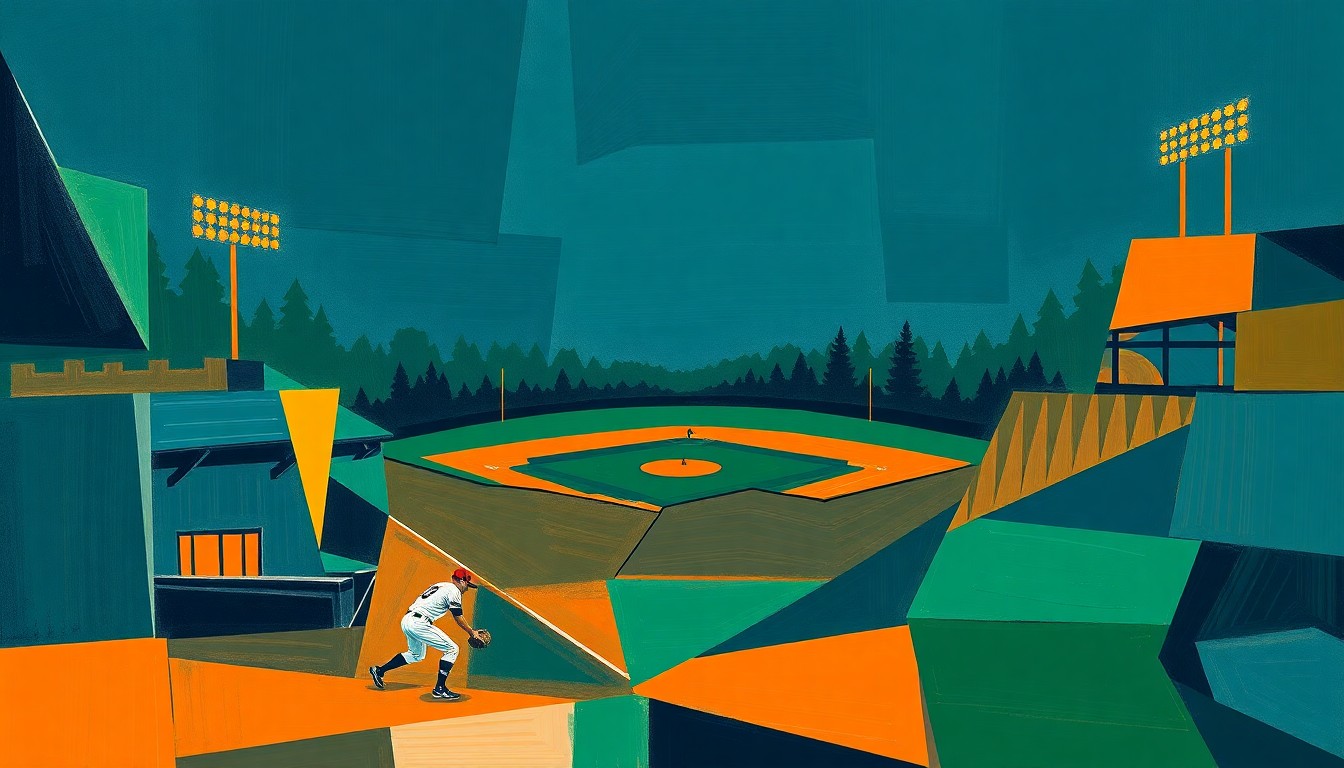 A fragmented, geometric painting in shades of navy, green, and orange, depicting the action and movement of a high school baseball game in an abstract, deconstructed style.