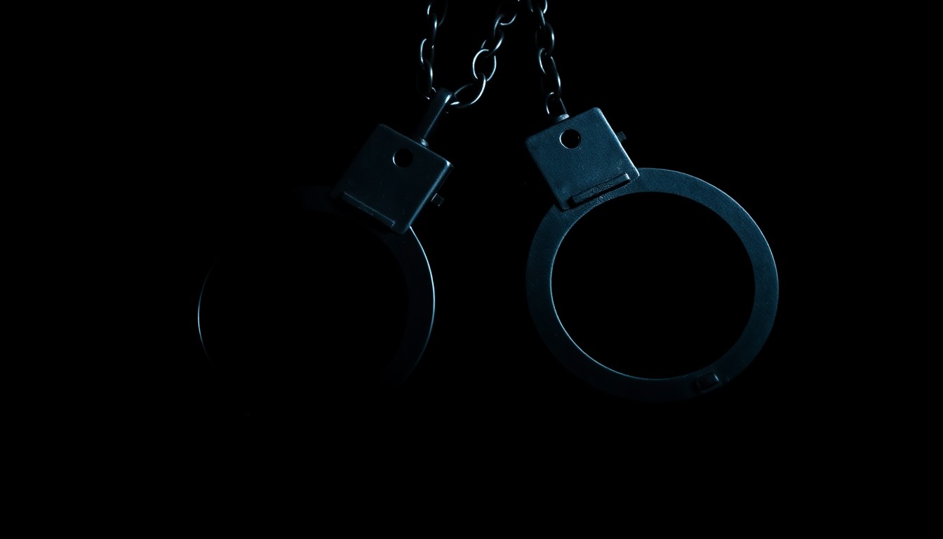 An extreme close-up photograph of a pair of handcuffs on a dark background, lit by a harsh, direct camera flash, conceptually representing the serious nature of a sexual predator's release.