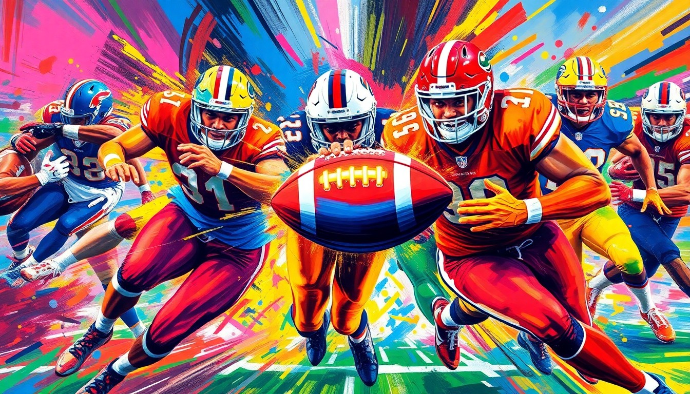 An abstract, expressionist painting in vibrant neon colors, with dynamic brushstrokes capturing the raw energy and athleticism of an NFL offense in motion. The football is the focal point, glowing with electric energy as the players' forms dissolve into unrecognizable shapes.