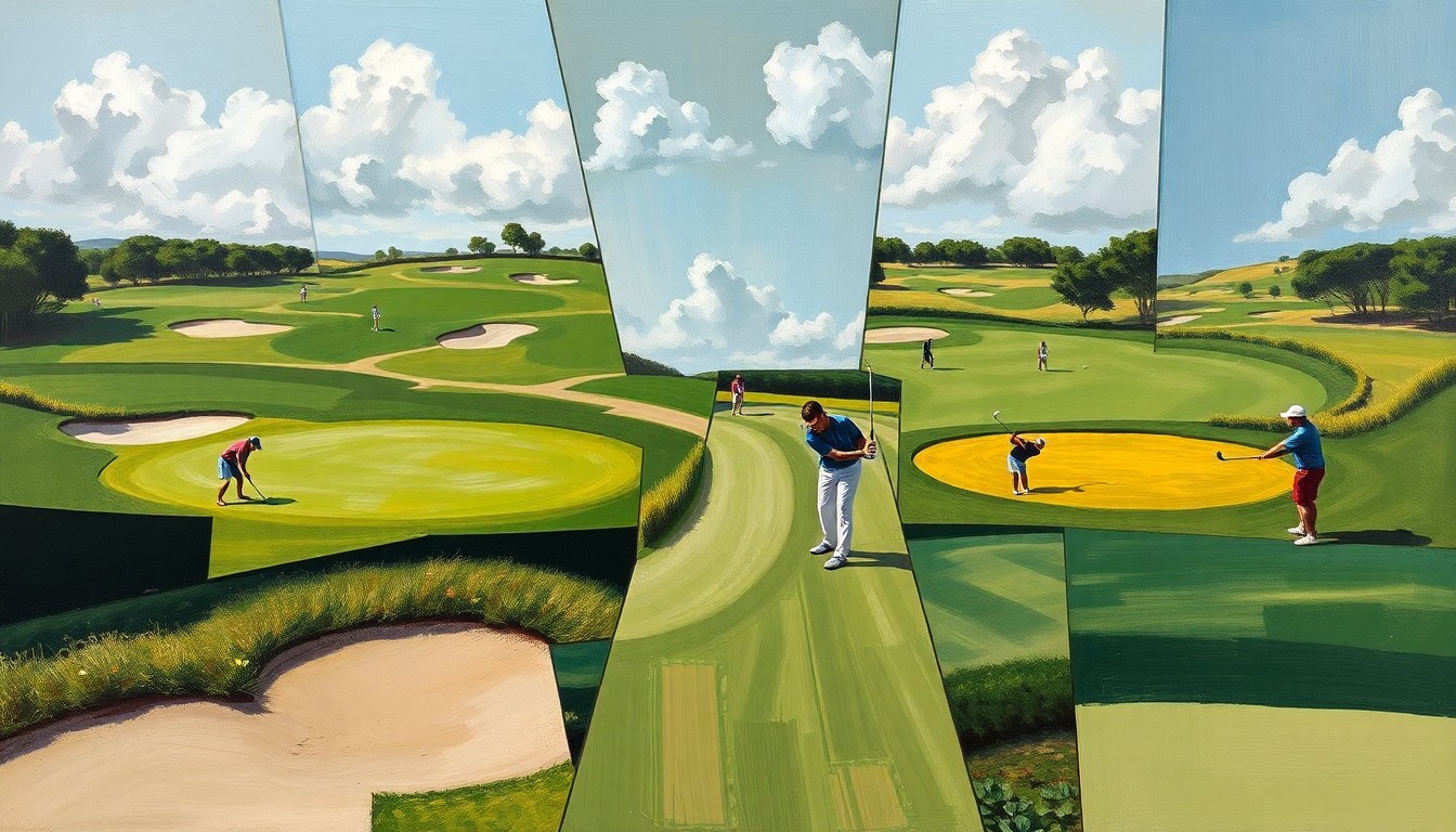 A fractured, geometric painting depicting the overlapping movements and perspectives of a high school golf competition, with sharp planes of green fairways, sand traps, and golfers in motion.