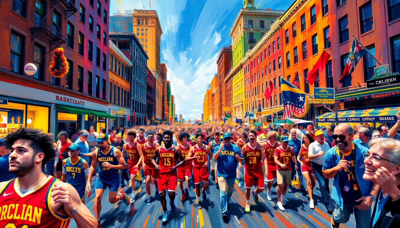 A dynamic, expressionist painting in neon colors captures the energy and excitement of a celebratory basketball parade, with players, coaches, and fans blurred into a vibrant, moving scene against the backdrop of Ann Arbor's iconic architecture.