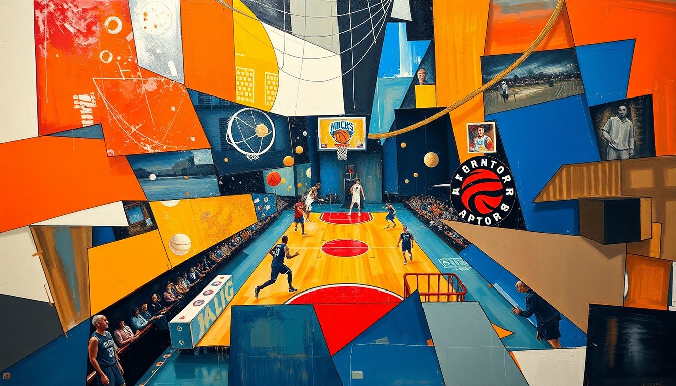A cubist, fragmented painting depicting the action of a basketball game, with overlapping geometric shapes and planes representing the players, ball, and court in an abstract, deconstructed style.
