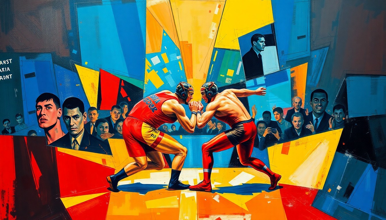 A cubist, geometric painting depicting a wrestling match or competition, with sharp, overlapping planes of color representing the dynamic movements and perspectives of the athletes.