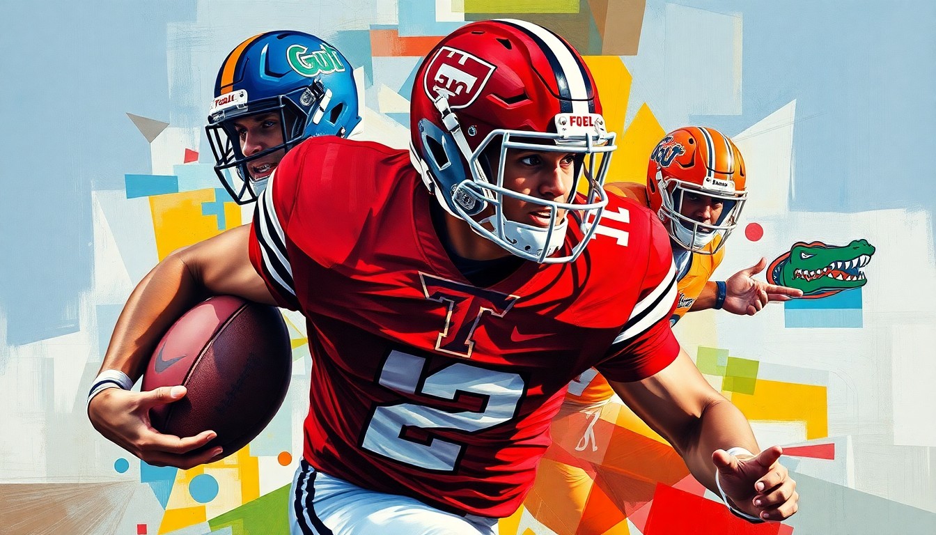 A cubist-style painting depicting a college football player in action, with the player's body broken down into sharp, overlapping geometric shapes in the colors of the Texas Tech Red Raiders and Florida Gators uniforms.