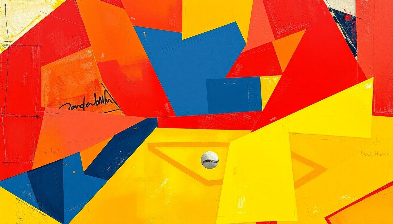 A cubist, geometric painting depicting a softball game broken down into overlapping planes of red, blue, and yellow, capturing the dynamic energy and movement of the sport.