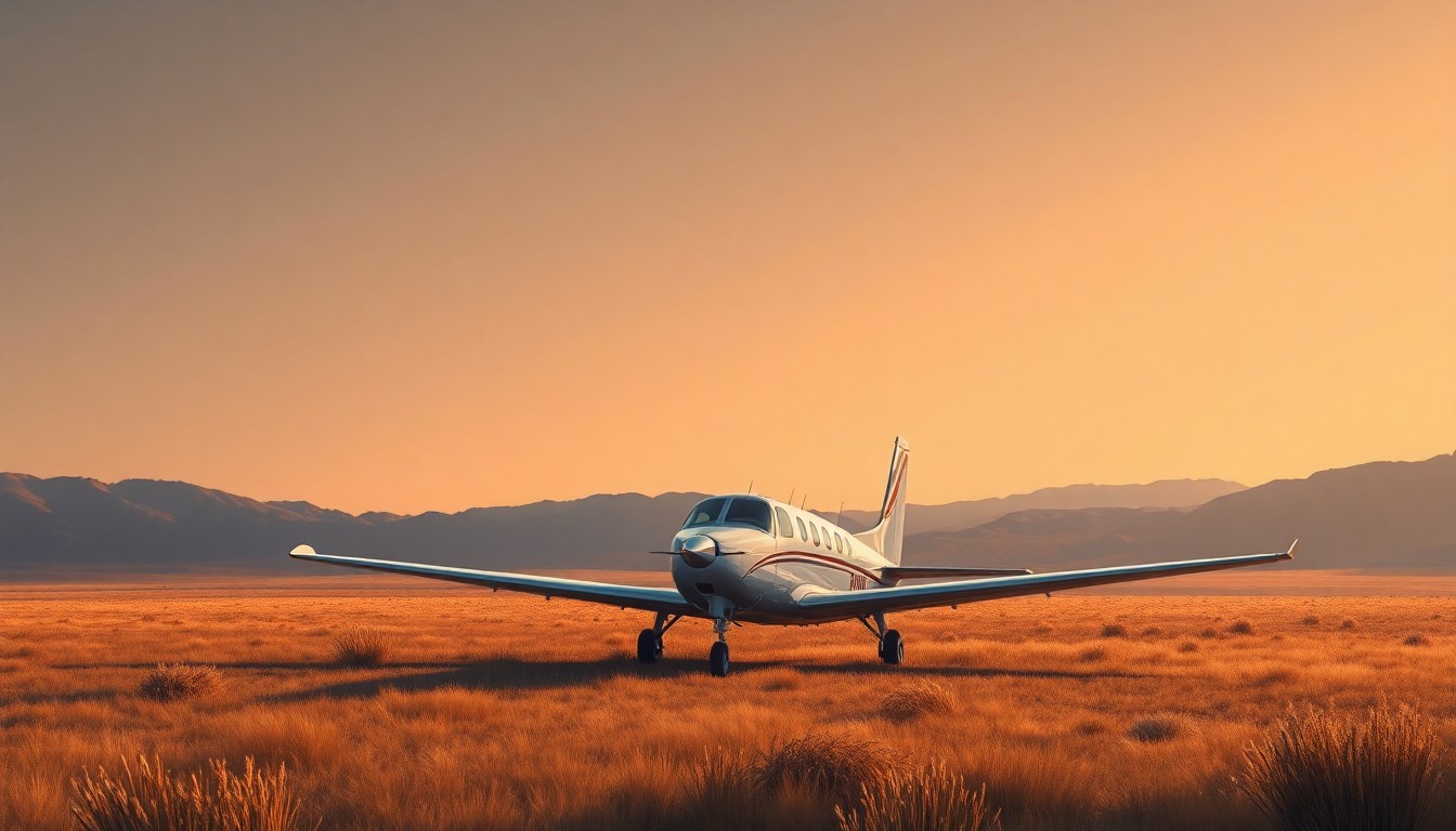 A serene, photorealistic painting of a small private plane resting in a remote Montana field, with warm sunlight casting long shadows across the landscape, conceptually illustrating the emergency landing incident involving a U.S. senator.