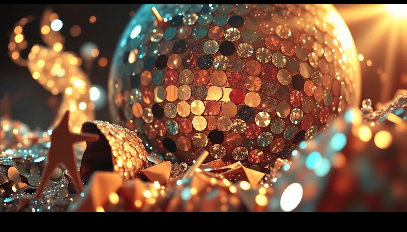 An extreme close-up photograph of shimmering sequins and glittering disco ball fragments in dramatic high-contrast studio lighting, conceptually representing the glamour and rebellious spirit of 1970s TV stardom.
