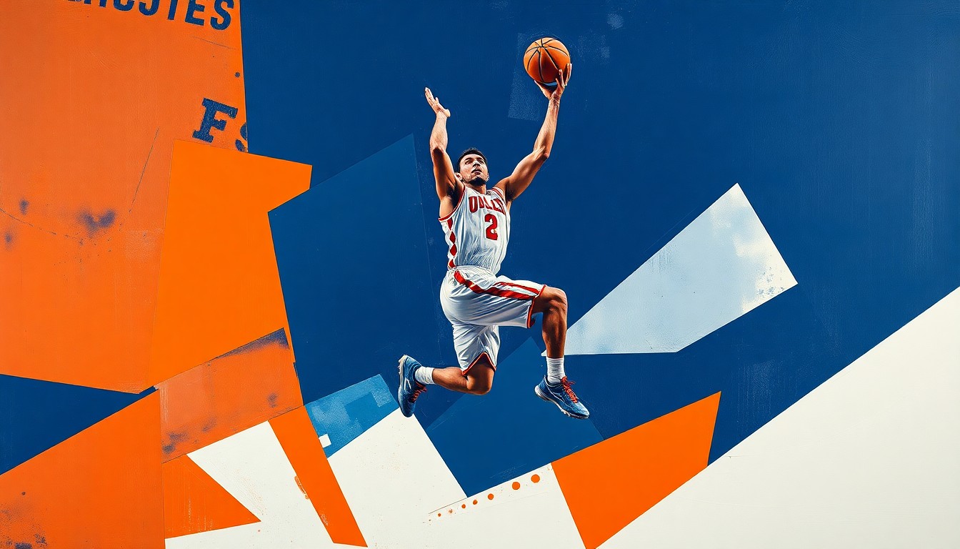 A fragmented, geometric painting depicting a college basketball player in motion, with sharp planes of navy, orange, and white conveying the dynamic energy of the sport.