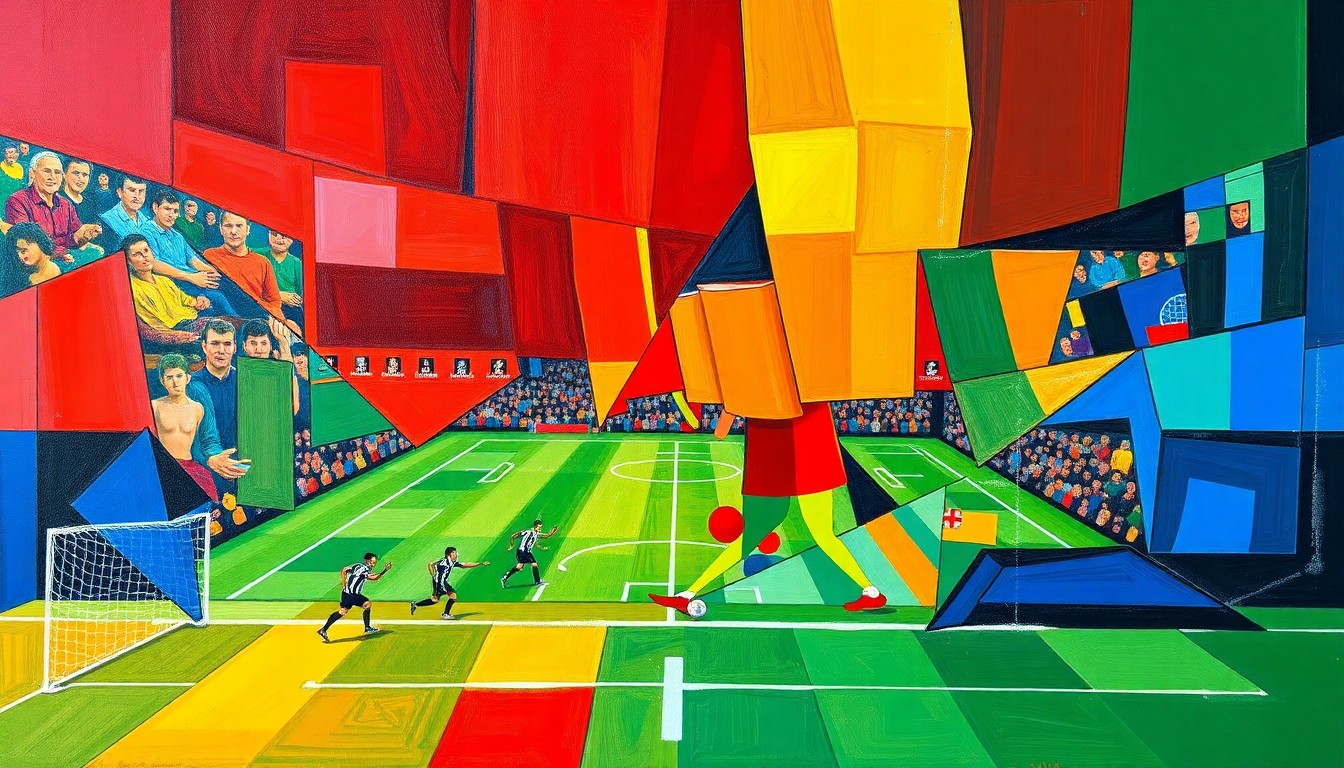 A fragmented, geometric painting depicting overlapping planes of color and shape, representing the multifaceted nature of NFL coaching strategy and decision-making.