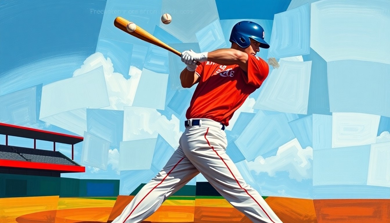 A fragmented, cubist-style painting depicting a baseball player mid-swing, with the player's uniform, the baseball, and the field rendered in vibrant, overlapping geometric shapes and planes.
