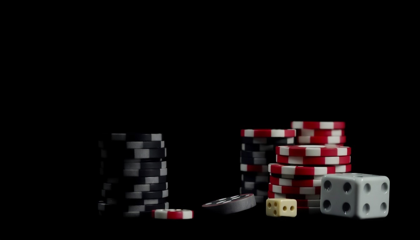 An extreme close-up photograph of a stack of gambling chips and dice, their surfaces reflecting the harsh light of the camera flash, creating a stark, gritty, and investigative aesthetic.