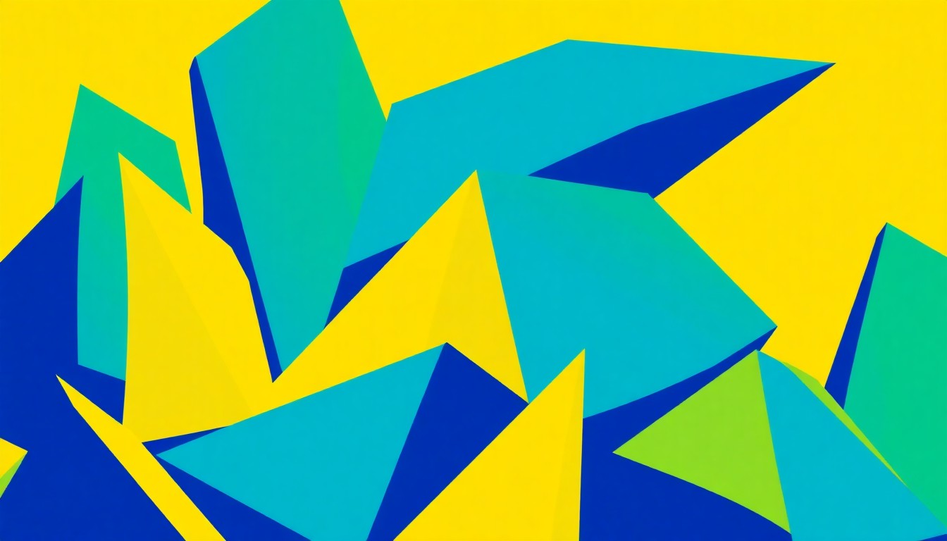 An abstract illustration featuring sharp, angular shapes in vibrant blue, green, and yellow hues, conveying the mental complexity and interconnectedness of solving a Connections word game.