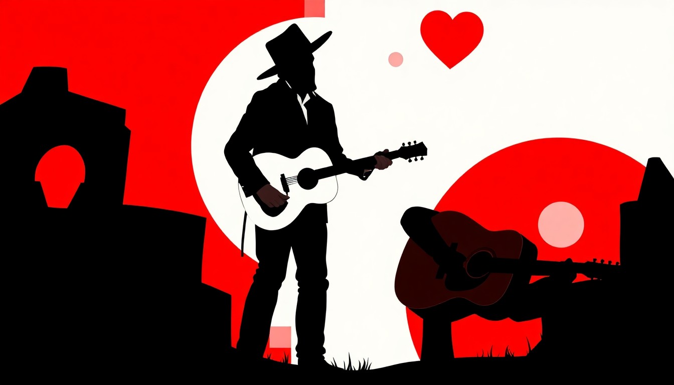 A bold, abstract composition of jagged, geometric black silhouettes and high-contrast red and white shapes, conceptually representing the themes of heartbreak, divorce, and the enduring legacy of Hank Williams in country music.