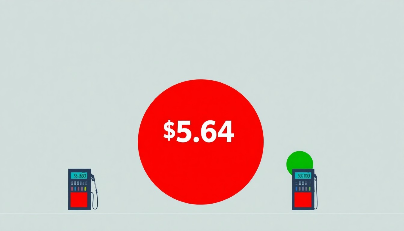 A minimalist illustration using bold geometric shapes and primary colors to represent the extreme price disparity at a gas station, with a large red circle symbolizing the high $5.64 per gallon price in contrast to smaller blue and green circles for lower average prices.