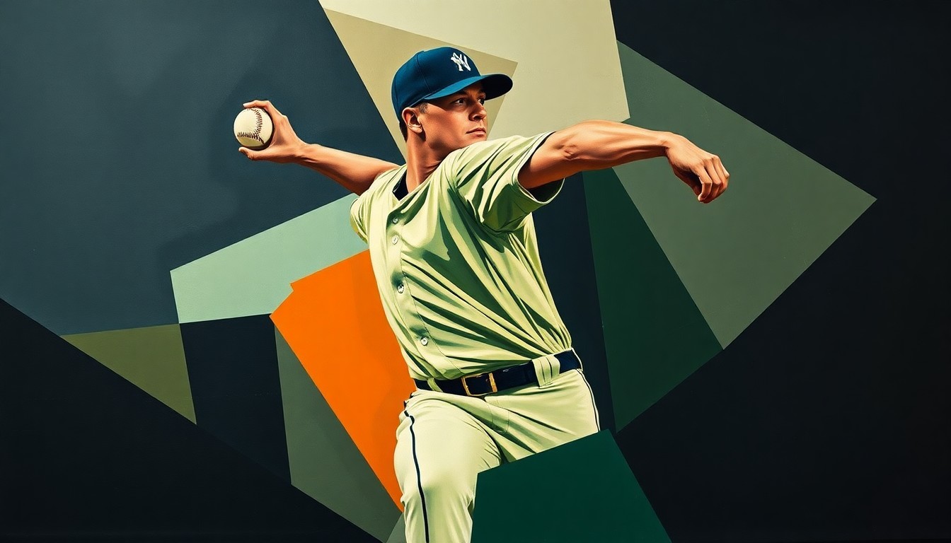 A fragmented, geometric painting depicting a baseball pitcher's throwing motion, with sharp, overlapping planes in muted tones of navy, forest green, and burnt orange, conveying the raw energy and movement of the sport.