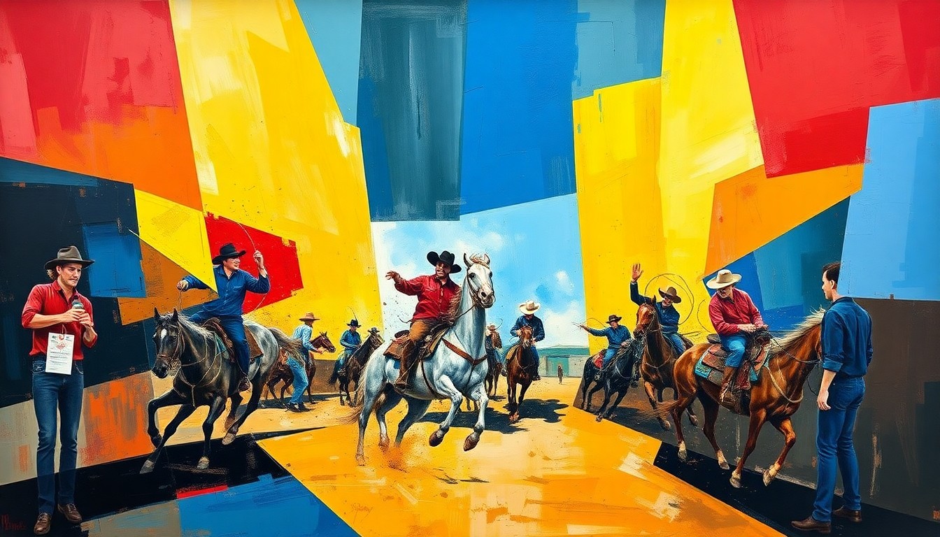 A cubist, geometric painting depicting a rodeo competition, with overlapping planes of color and movement, capturing the energy and dynamism of the sport.