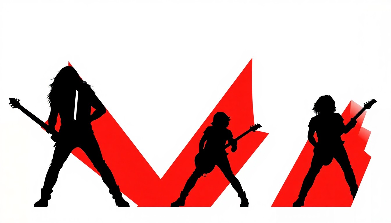 An abstract, minimalist illustration featuring stark black silhouettes and bold, geometric shapes in high-contrast colors, capturing the raw energy and rebellious spirit of the metal genre.