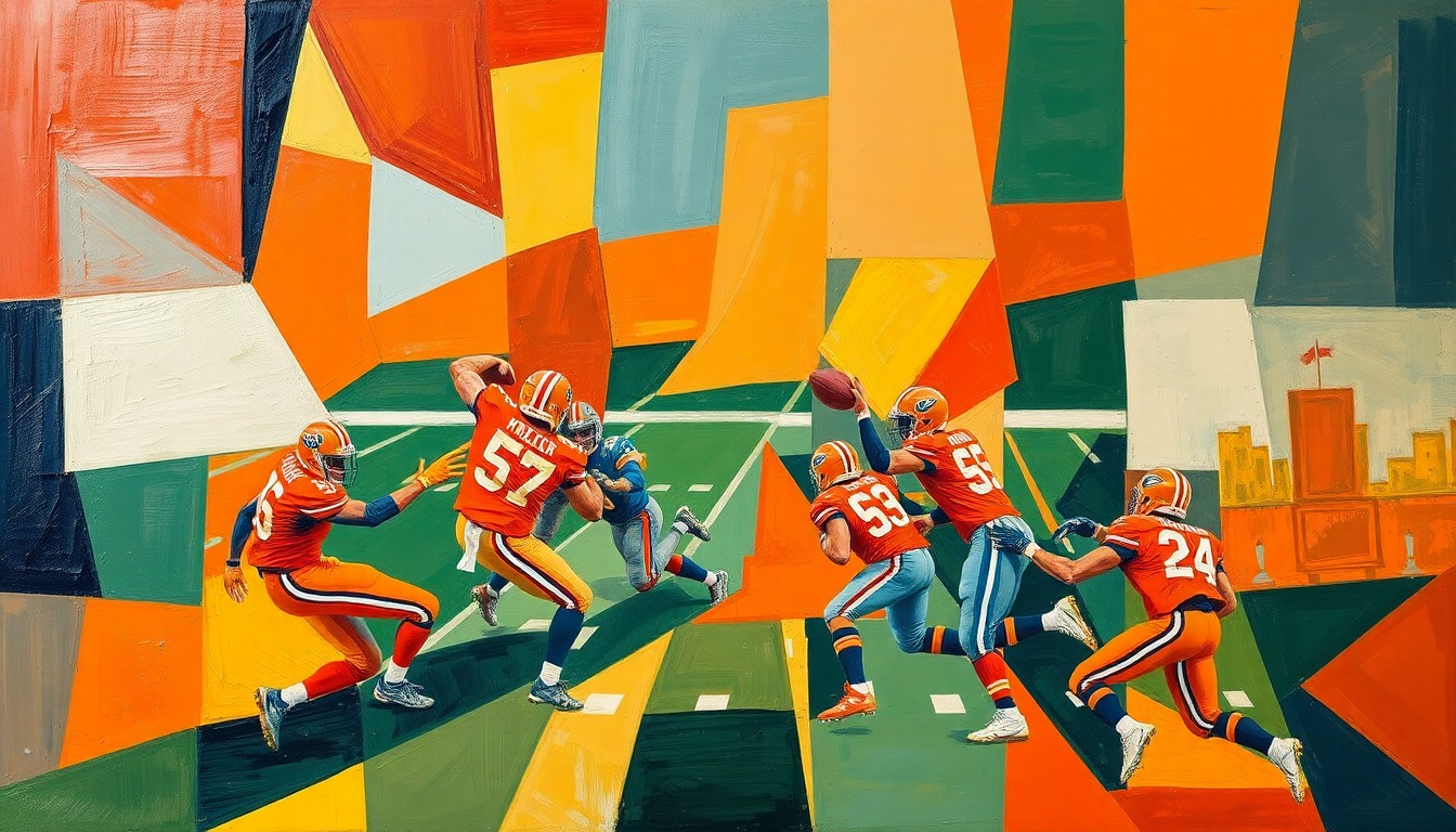 A fractured, geometric painting depicting a football player in motion, with sharp, overlapping planes of color representing the dynamic and unpredictable nature of Watson's journey with the Browns.