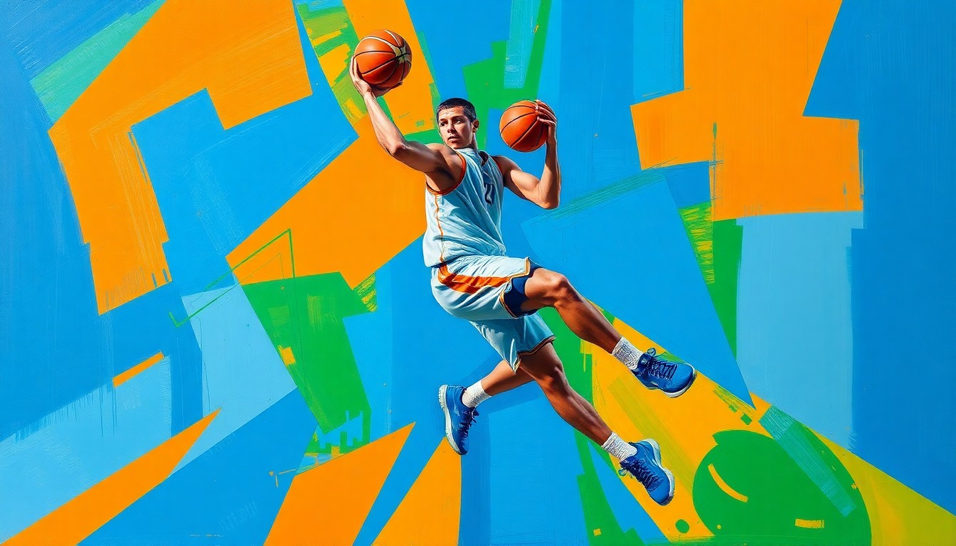 A fragmented, geometric painting depicting the dynamic movements of a basketball player, rendered in a cubist style with vibrant colors of blue, orange, and green.